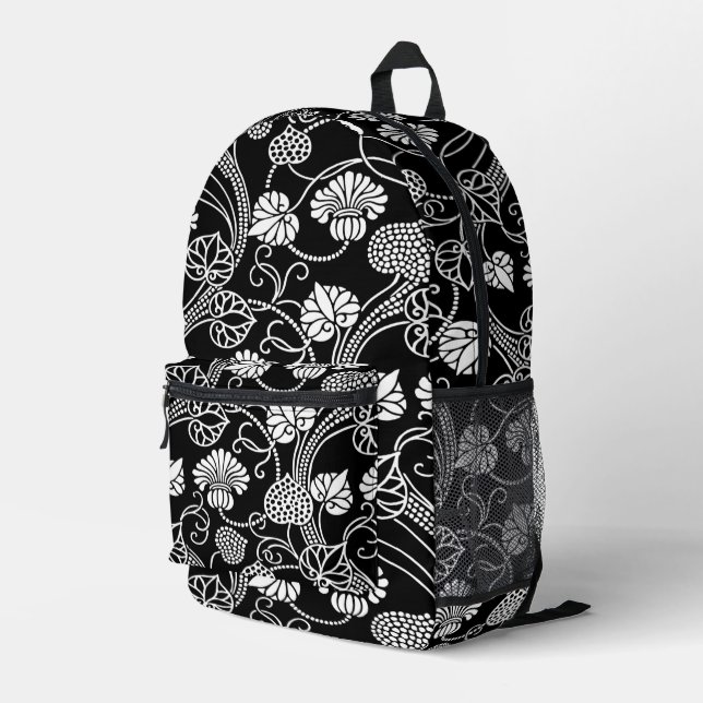 Antique Floral Pattern Black on White Printed Backpack (Back Corner Right)