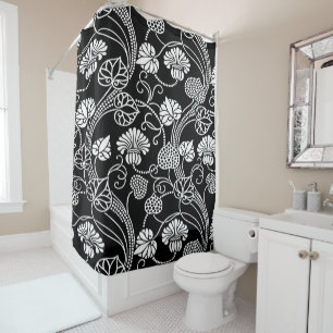 Antique Floral Pattern Black on White Shower Curtain