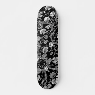 Antique Floral Pattern Black on White Skateboard