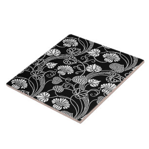 Antique Floral Pattern Black on White Tile