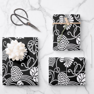 Antique Floral Pattern Black on White Wrapping Paper Sheet