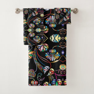 Antique Floral Pattern Multi Colour on Black  Bath Towel Set
