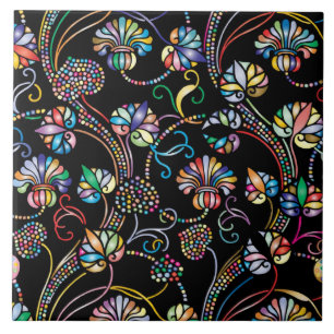 Antique Floral Pattern Multi Colour on Black Tile