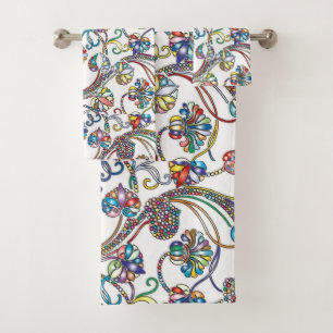 Antique Floral Pattern Multi Colour on White Bath Towel Set