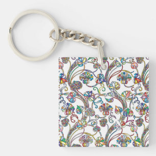 Antique Floral Pattern Multi Colour on White Key Ring