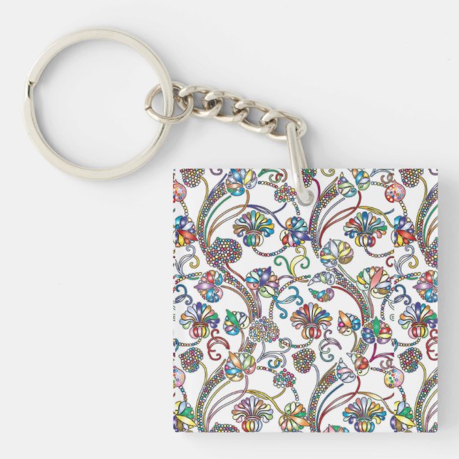 Antique Floral Pattern Multi Colour on White Key Ring (Front)
