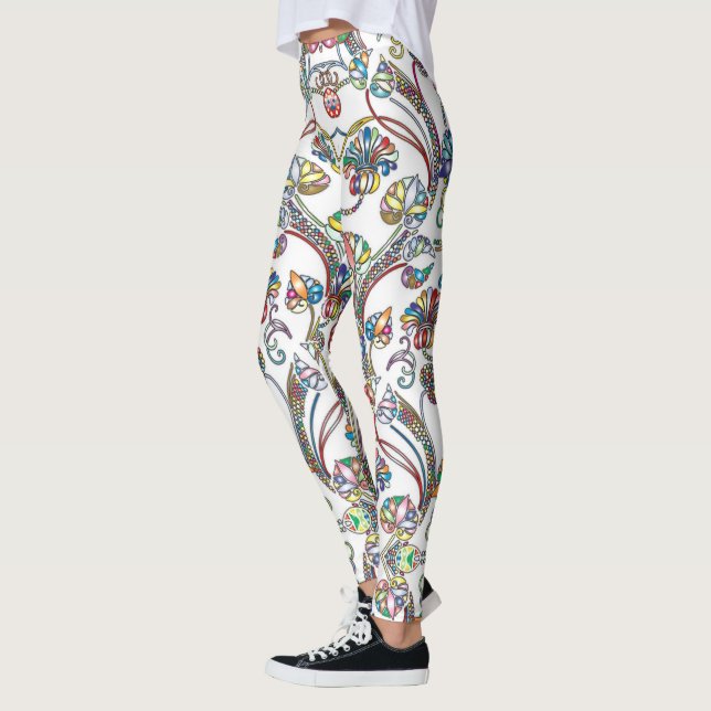 Antique Floral Pattern Multi Colour on White Leggings (Left)