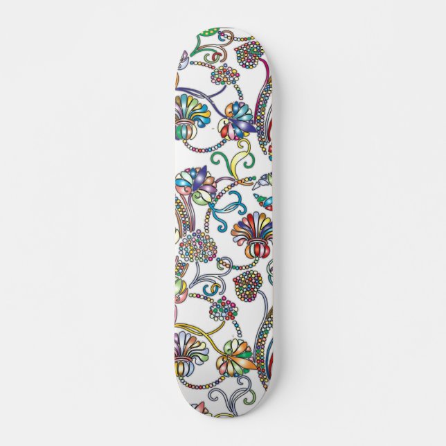 Antique Floral Pattern Multi Colour on White Skateboard (Front)