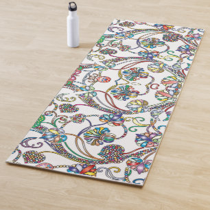 Antique Floral Pattern Multi Colour on White Yoga Mat