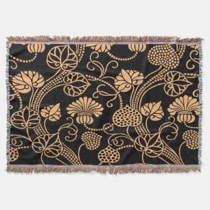 Antique Floral Pattern Orange on Black Throw Blanket