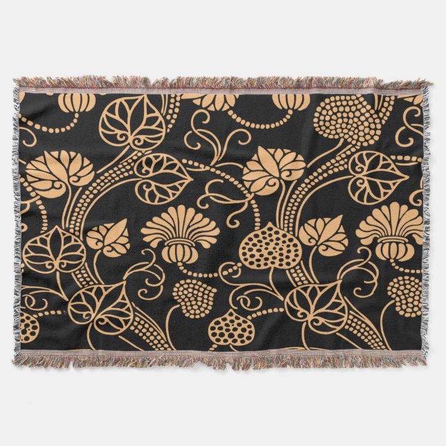 Antique Floral Pattern Orange on Black Throw Blanket (Front)