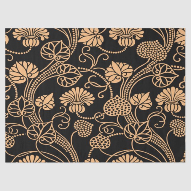 Antique Floral Pattern Orange on Black Tissue Paper (Front)