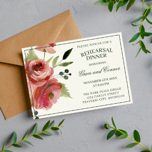Antique Floral Pink Evergreen Rehearsal Dinner Invitation