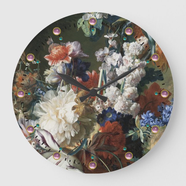 ANTIQUE FLORAL,PINK RED ANEMONES WHITE FLOWERS LARGE CLOCK (Front)