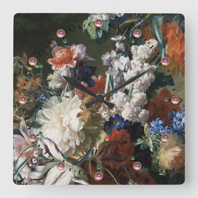 ANTIQUE FLORAL,PINK RED ANEMONES WHITE FLOWERS SQUARE WALL CLOCK (Front)