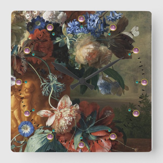 ANTIQUE FLORAL,PINK RED ANEMONES WHITE FLOWERS SQUARE WALL CLOCK (Front)