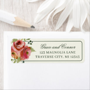 Antique Floral Pink Red Evergreen Bouquet Address