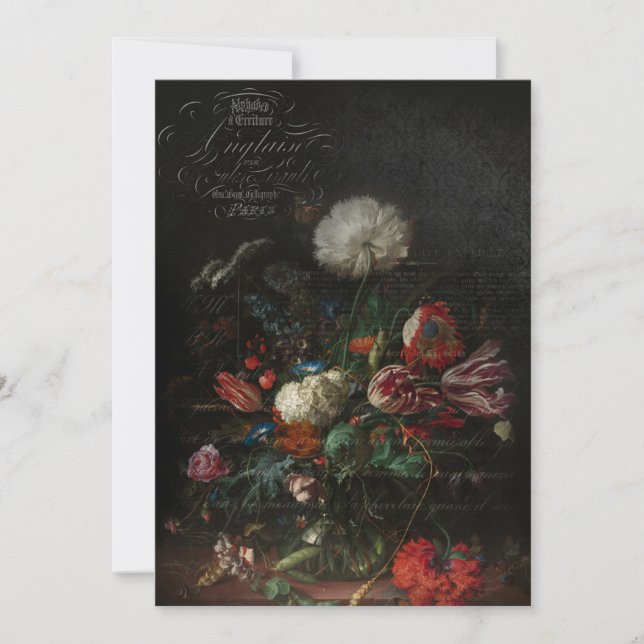 Antique Floral Still Life & French Script Card (Front)