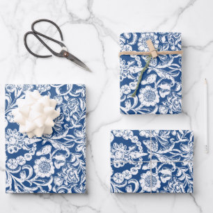 Antique Floral white blue Wrapping Paper Sheet
