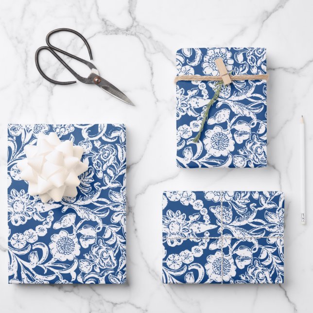 Antique Floral white blue Wrapping Paper Sheet (Front)