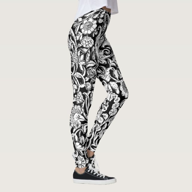 Antique Floral white on black Leggings (Right)