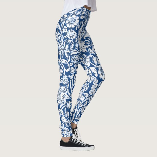 Antique Floral white on blue Leggings (Right)