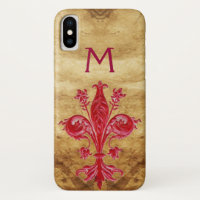 ANTIQUE FLORENTINE RED LILY FLEUR DE LIS PARCHMENT