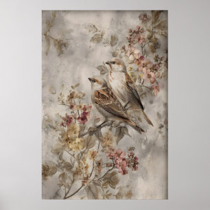 Antique Flowers Sparrows Print, Vintage Sparrow Poster