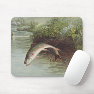 Antique Fly Fishing Leaping Brook Trout Print Mouse Mat