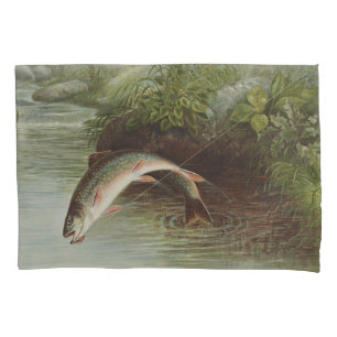 Antique Fly Fishing Leaping Brook Trout Print Pillowcase