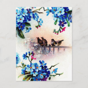 Antique Forget me not Floral Frame Birds Scene Postcard