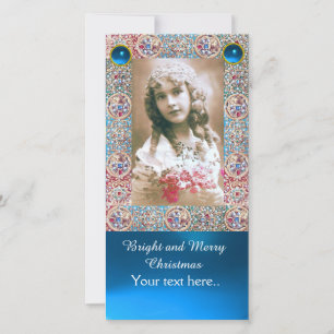 ANTIQUE FRAME,ANGELS,PRECIOUS JEWELS,BLUE GEMS HOLIDAY CARD