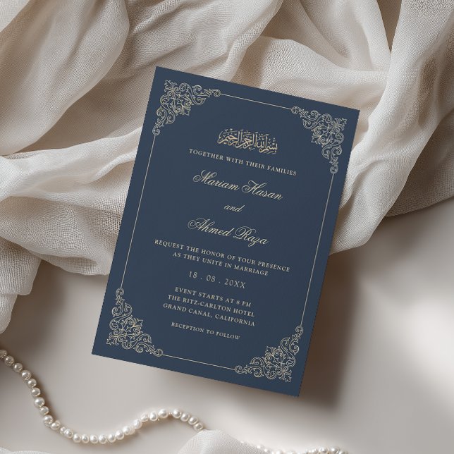 Antique Frame Romantic Navy Blue Muslim Wedding Invitation (Creator Uploaded)