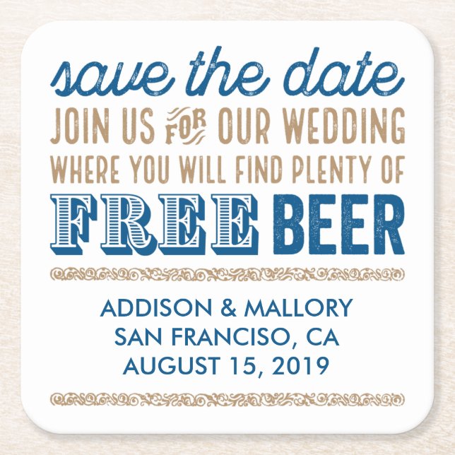 Antique Free Beer Save the Date Square Paper Coaster (Front)