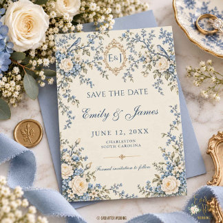 Antique French Blue Rococo Floral Toile Wedding Save The Date