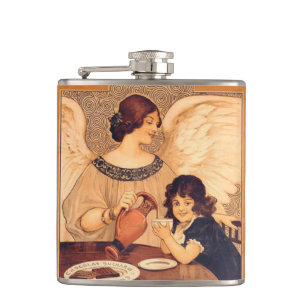 Antique French Chocolate Angel Poster: Vintage Art Hip Flask