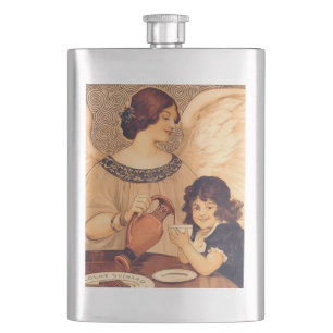 Antique French Chocolate Angel Poster: Vintage Art Hip Flask