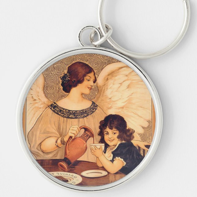 Antique French Chocolate Angel Poster: Vintage Art Key Ring (Front)