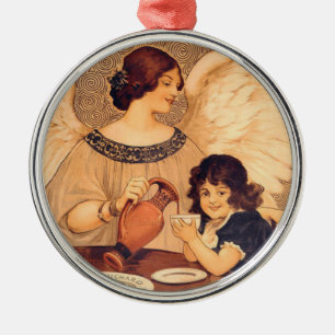Antique French Chocolate Angel Poster: Vintage Art Metal Tree Decoration