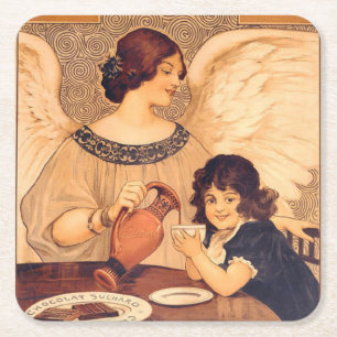 Antique French Chocolate Angel Poster: Vintage Art Square Paper Coaster
