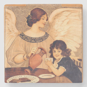 Antique French Chocolate Angel Poster: Vintage Art Stone Coaster