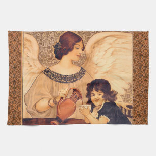 Antique French Chocolate Angel Poster: Vintage Art Tea Towel