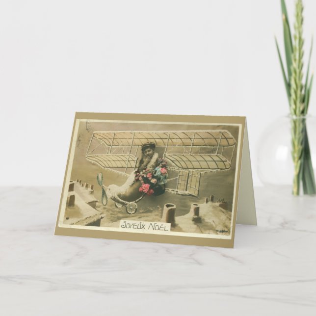 Antique French Christmas studio photo boy in plane Holiday Card (Front)