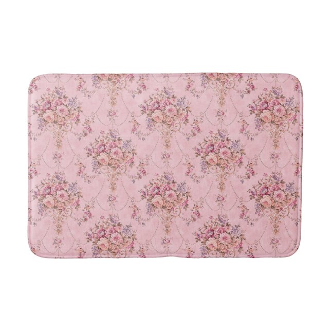 Antique French Pink Victorian Style Floral Rococo Bath Mat (Front)