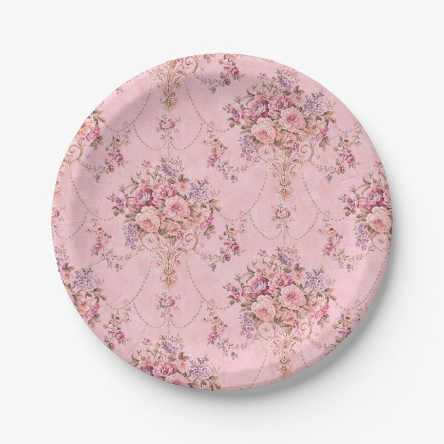 Antique French Pink Victorian Style Floral Rococo Paper Plate (Front)