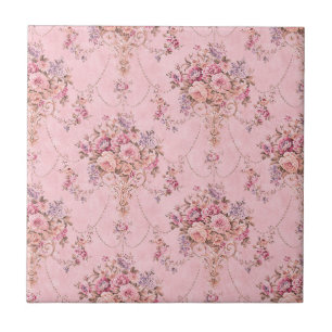 Antique French Pink Victorian Style Floral Rococo Tile