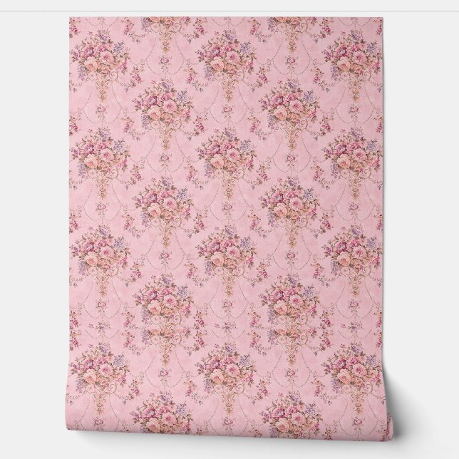 Antique French Pink Victorian Style Floral Rococo Wallpaper (Unrolling)
