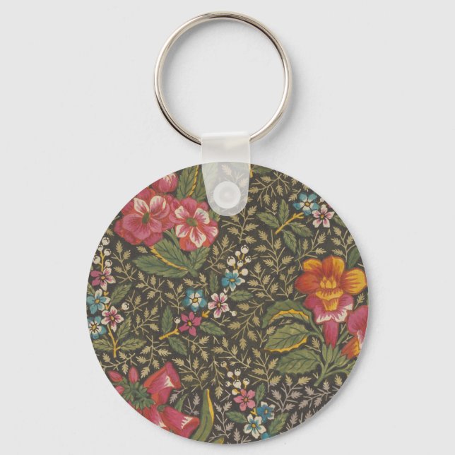 Antique French Toile de Jouy 1800s Floral Branches Key Ring (Front)