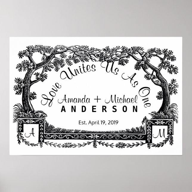 Antique French Trees Frame Personalised Wedding Poster (Front)