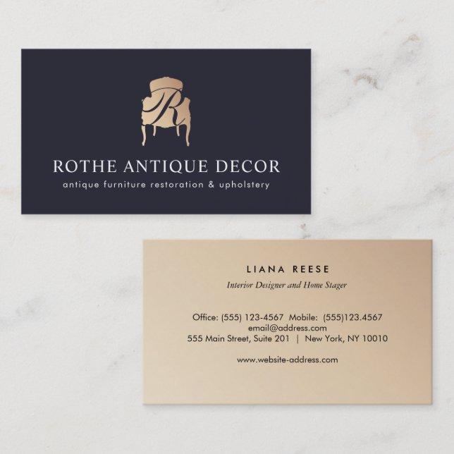 Antique Furniture Dealer Gold Monogram Logo Business Card (Front/Back)
